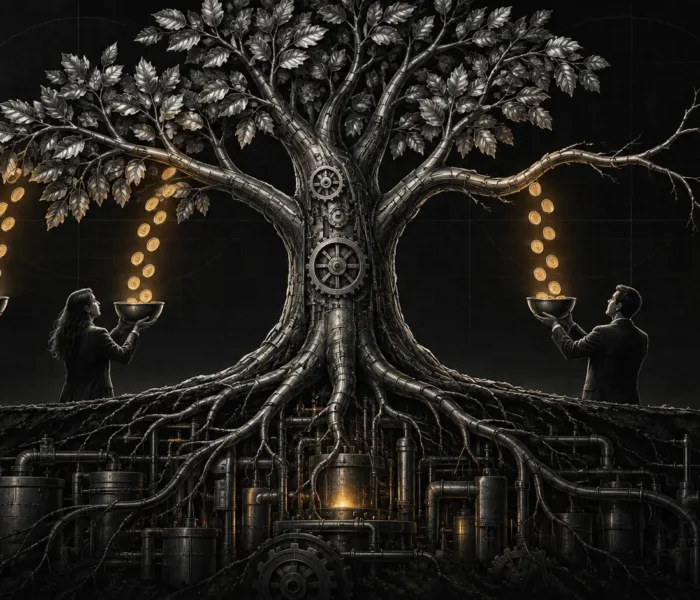 Dark editorial illustration of a mechanical tree distributing recurring cash flows while one weakened branch signals dividend risk