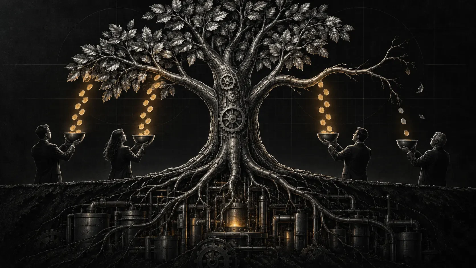 Dark editorial illustration of a mechanical tree distributing recurring cash flows while one weakened branch signals dividend risk