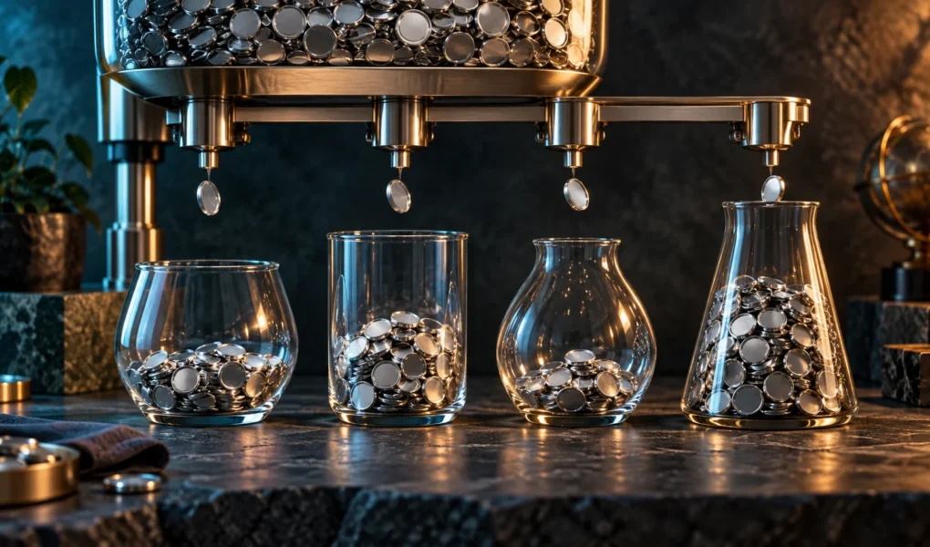 Mechanical dispensers releasing unmarked silver tokens into four glass vessels, illustrating regular investment contributions.