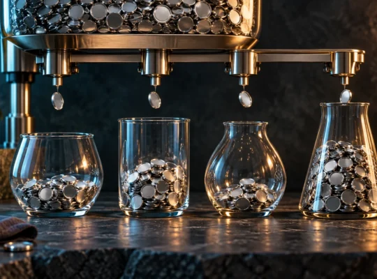 Mechanical dispensers releasing unmarked silver tokens into four glass vessels, illustrating regular investment contributions.