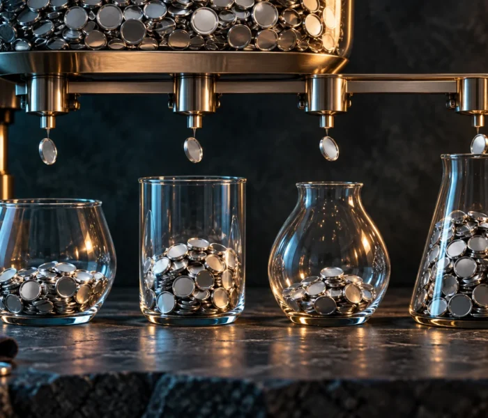 Mechanical dispensers releasing unmarked silver tokens into four glass vessels, illustrating regular investment contributions.