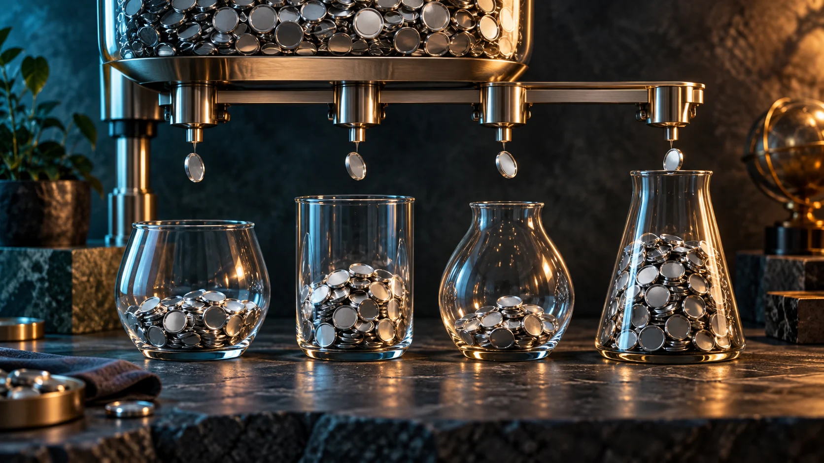 Mechanical dispensers releasing unmarked silver tokens into four glass vessels, illustrating regular investment contributions.