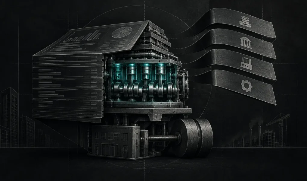 Dark editorial illustration of a financial statement opening to reveal an operating engine while excluded cost layers remain visible