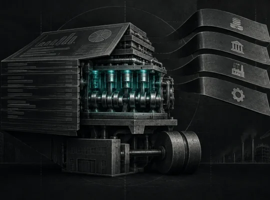 Dark editorial illustration of a financial statement opening to reveal an operating engine while excluded cost layers remain visible