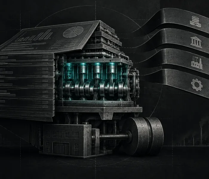 Dark editorial illustration of a financial statement opening to reveal an operating engine while excluded cost layers remain visible