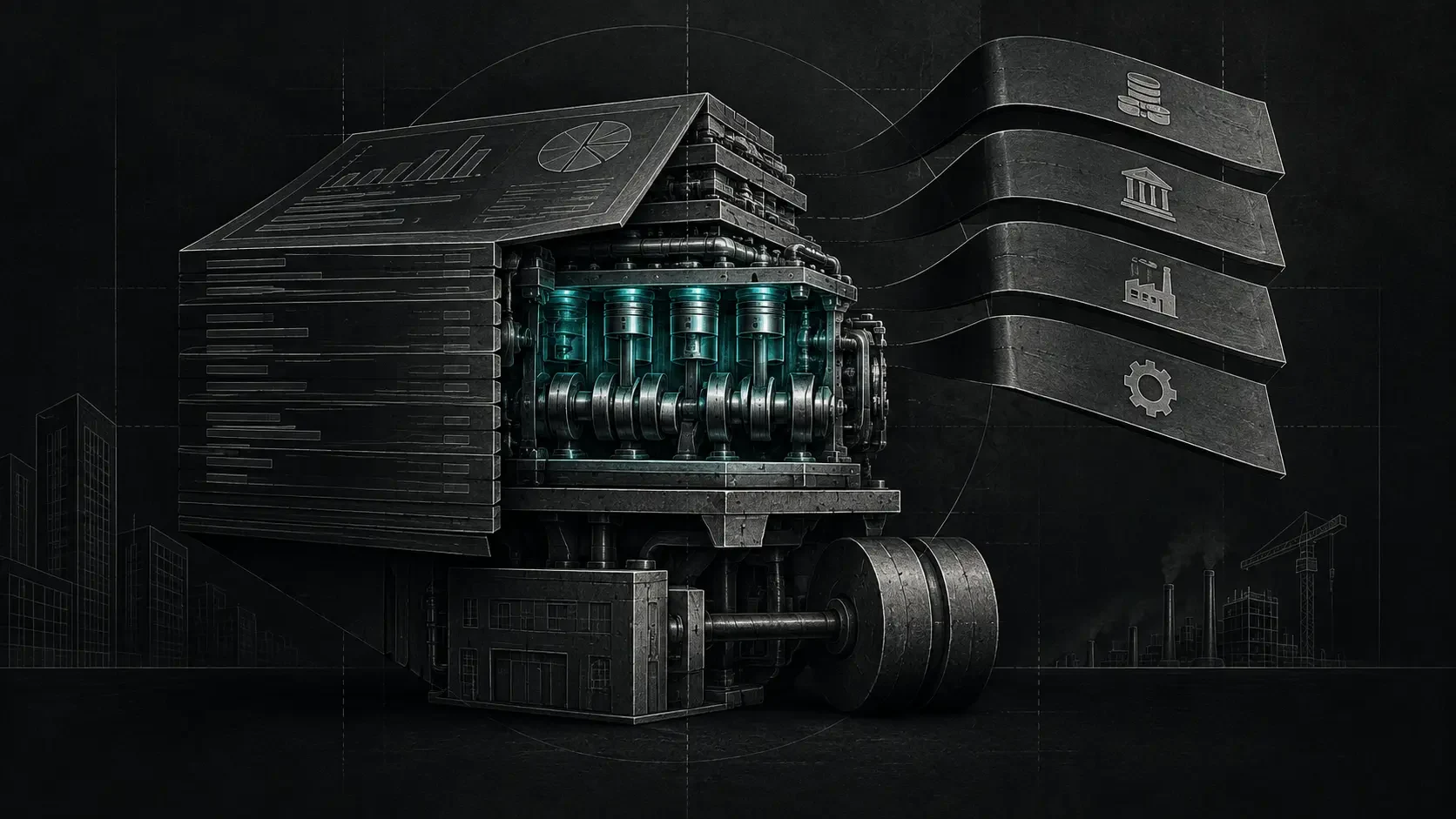Dark editorial illustration of a financial statement opening to reveal an operating engine while excluded cost layers remain visible