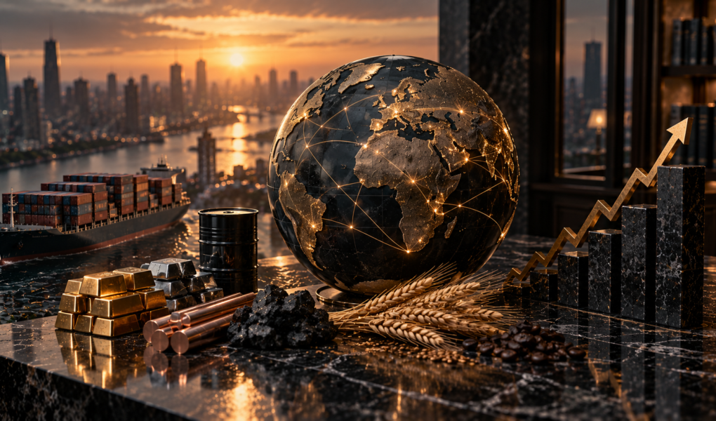 Textfreies Editorial-Motiv eines globalen Asset-Korbs und Marktinfrastruktur zur Darstellung von ETF Creation und Redemption