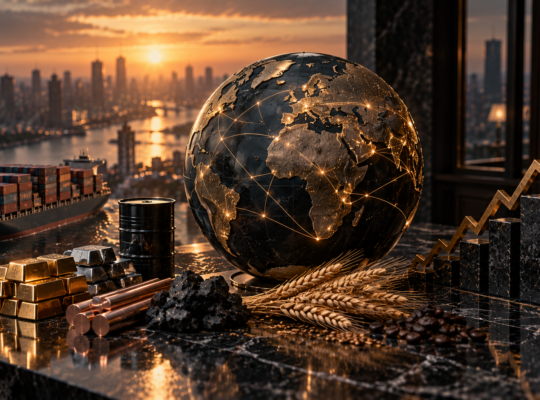 Textfreies Editorial-Motiv eines globalen Asset-Korbs und Marktinfrastruktur zur Darstellung von ETF Creation und Redemption