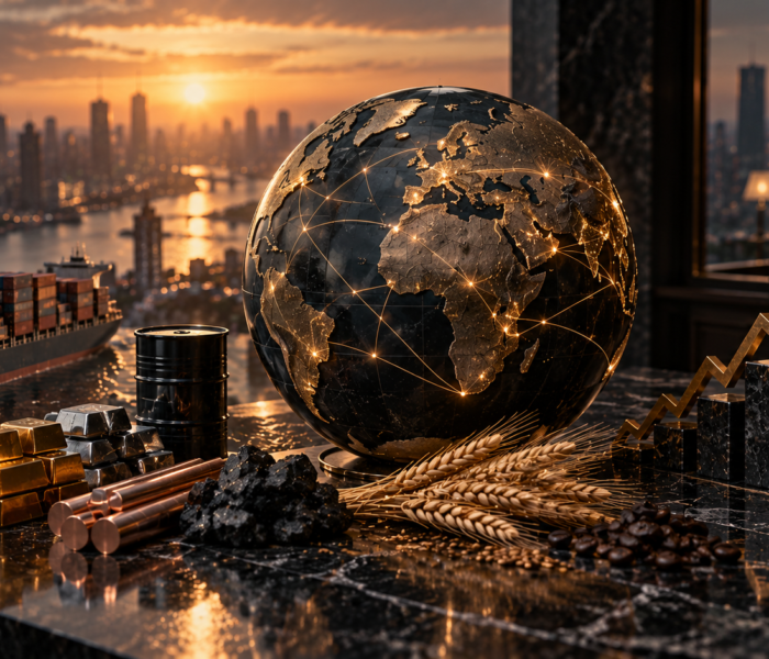 Textfreies Editorial-Motiv eines globalen Asset-Korbs und Marktinfrastruktur zur Darstellung von ETF Creation und Redemption