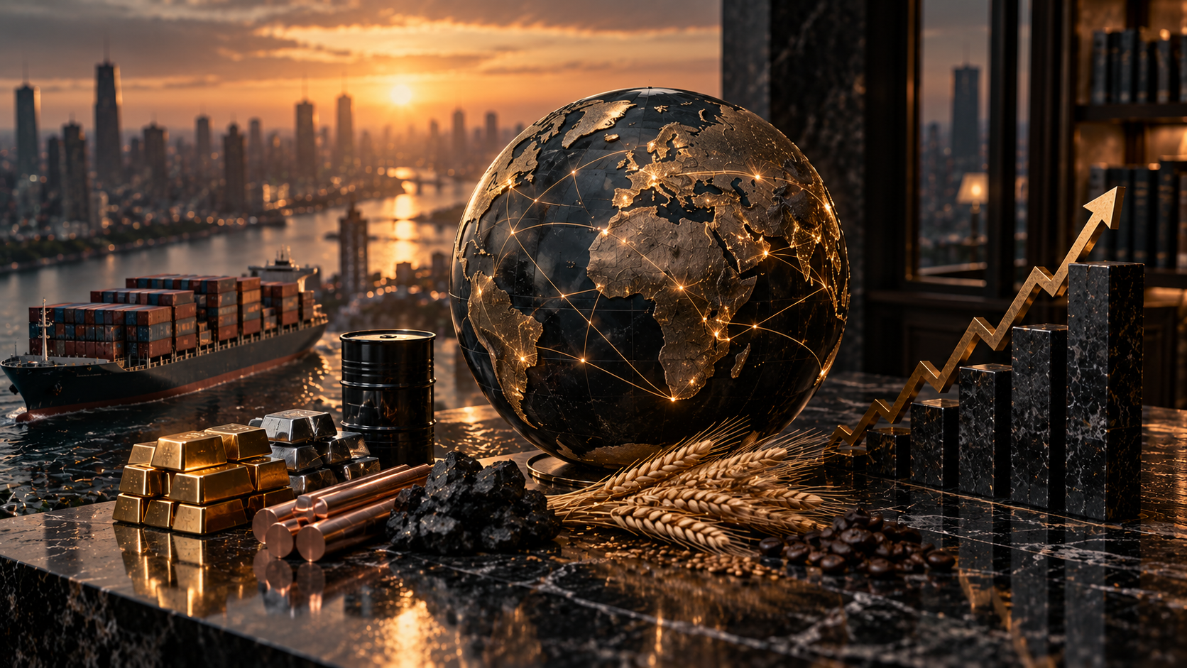 Textfreies Editorial-Motiv eines globalen Asset-Korbs und Marktinfrastruktur zur Darstellung von ETF Creation und Redemption