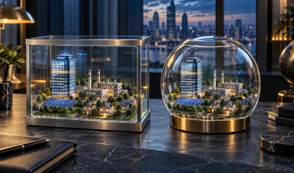 Two differently shaped glass cases holding matching miniature buildings, representing the same investments inside different fund structures.