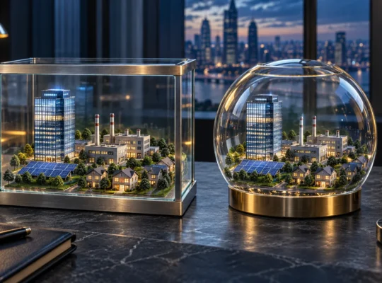 Two differently shaped glass cases holding matching miniature buildings, representing the same investments inside different fund structures.