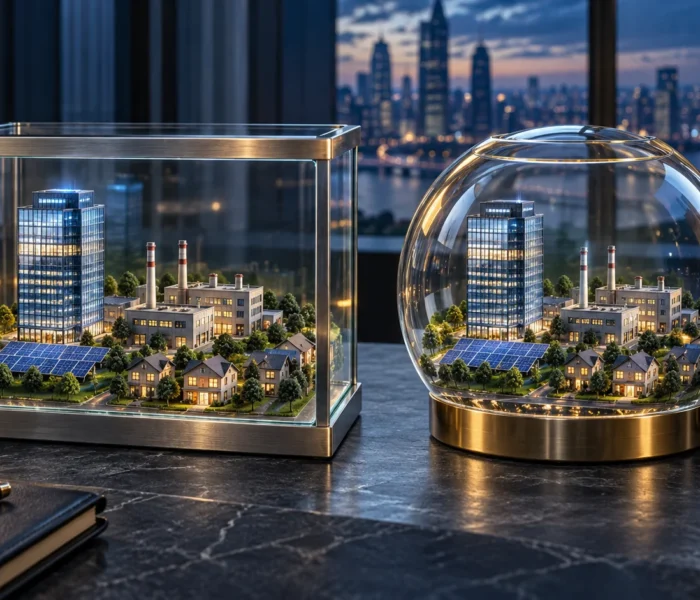 Two differently shaped glass cases holding matching miniature buildings, representing the same investments inside different fund structures.