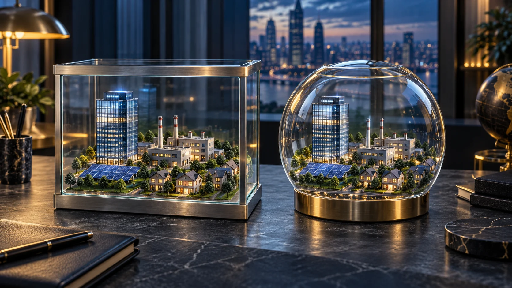 Two differently shaped glass cases holding matching miniature buildings, representing the same investments inside different fund structures.