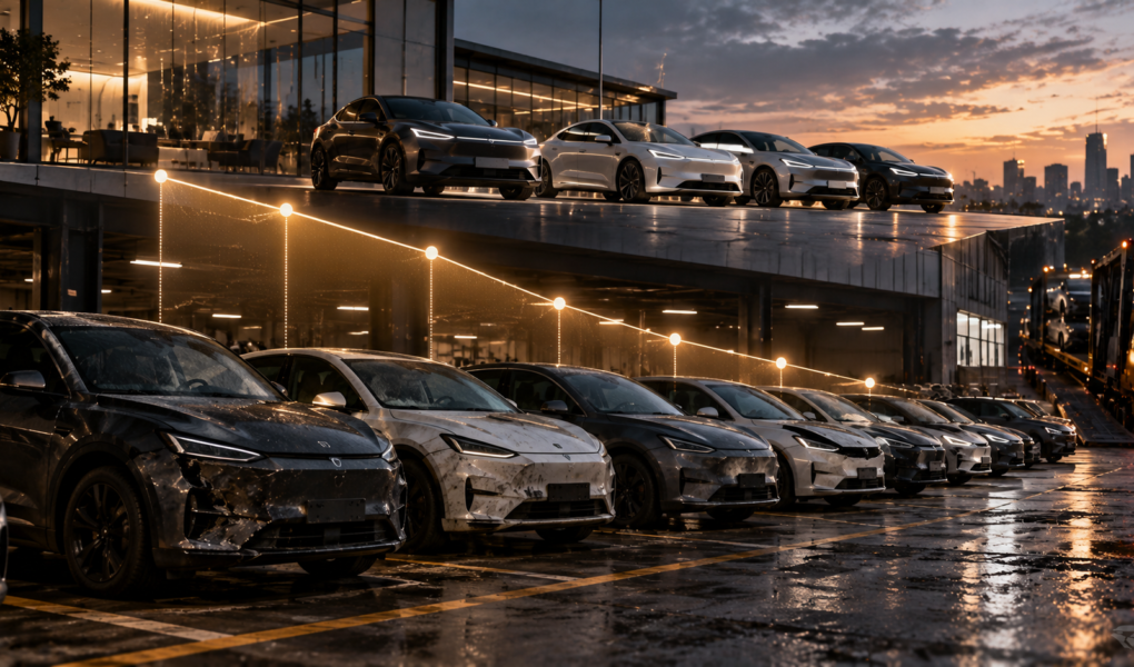 Textfreies Editorial-Motiv mit neuen und gebrauchten Elektroautos sowie fallender Wertkurve als Symbol für Restwertrisiken im Leasing