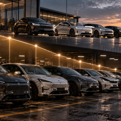 Textfreies Editorial-Motiv mit neuen und gebrauchten Elektroautos sowie fallender Wertkurve als Symbol für Restwertrisiken im Leasing