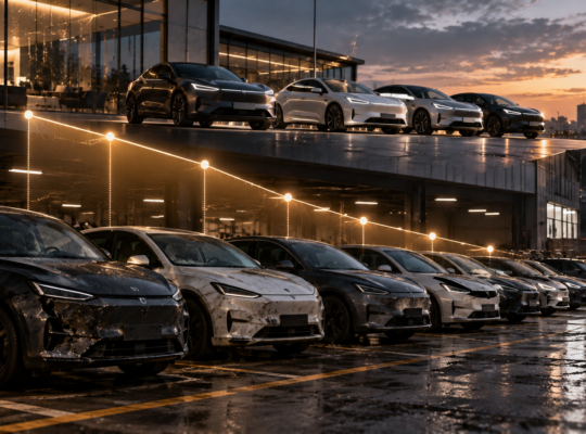 Textfreies Editorial-Motiv mit neuen und gebrauchten Elektroautos sowie fallender Wertkurve als Symbol für Restwertrisiken im Leasing