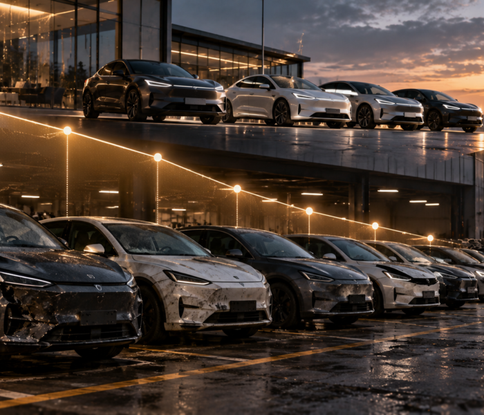 Textfreies Editorial-Motiv mit neuen und gebrauchten Elektroautos sowie fallender Wertkurve als Symbol für Restwertrisiken im Leasing