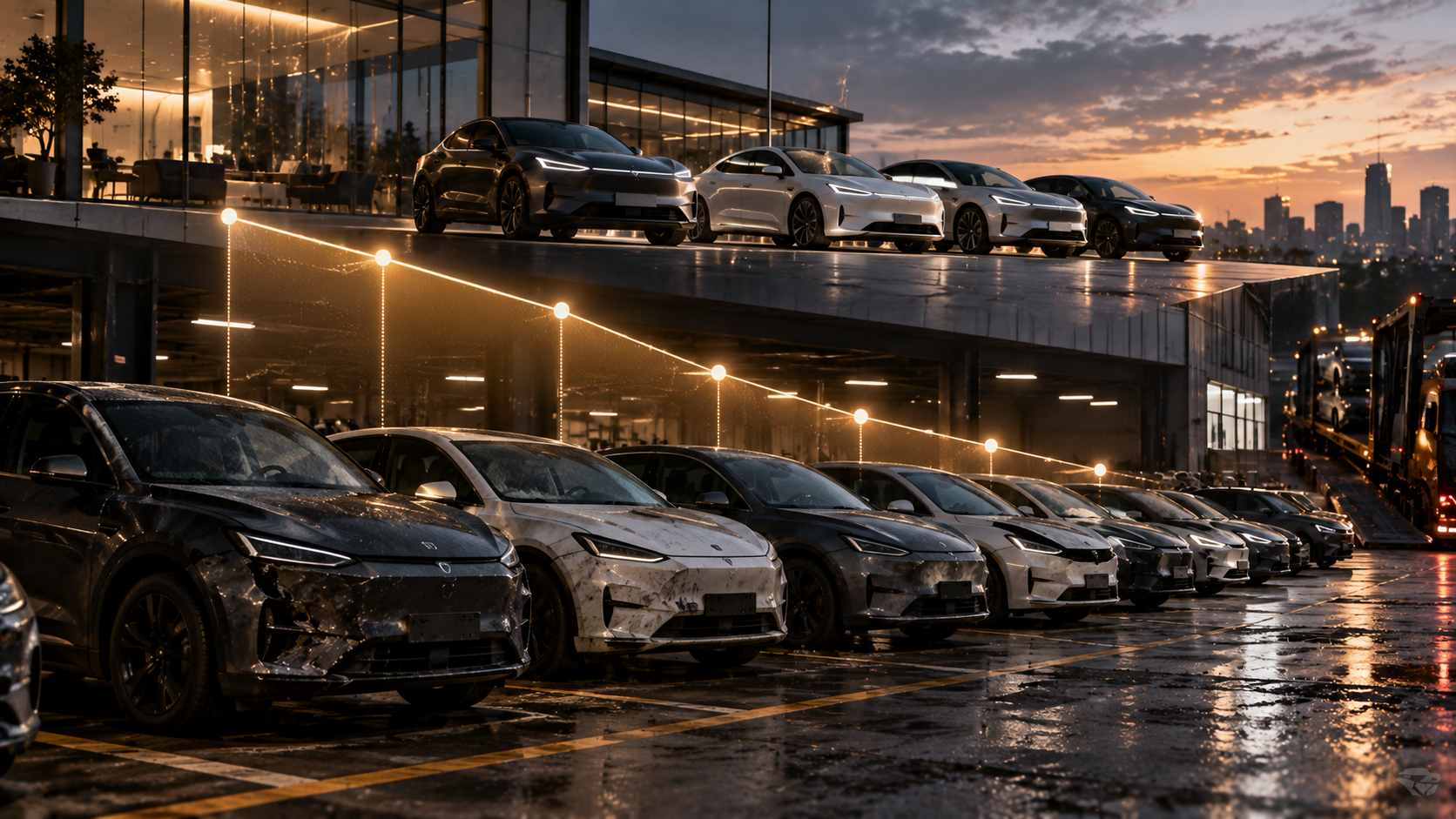 Textfreies Editorial-Motiv mit neuen und gebrauchten Elektroautos sowie fallender Wertkurve als Symbol für Restwertrisiken im Leasing