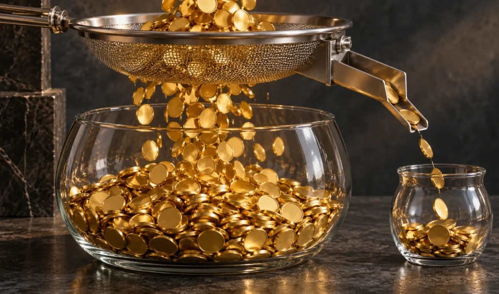 Gold discs flow into a large glass vessel while a small side channel diverts part of the stream, illustrating ongoing fund expenses.