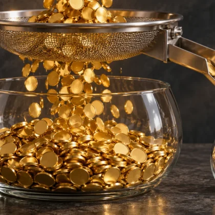 Gold discs flow into a large glass vessel while a small side channel diverts part of the stream, illustrating ongoing fund expenses.