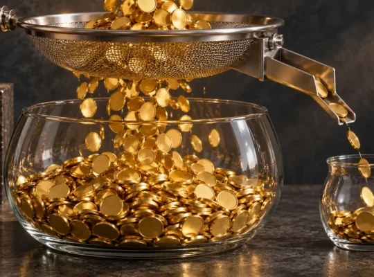 Gold discs flow into a large glass vessel while a small side channel diverts part of the stream, illustrating ongoing fund expenses.