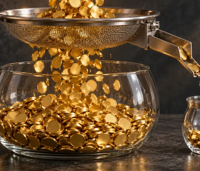 Gold discs flow into a large glass vessel while a small side channel diverts part of the stream, illustrating ongoing fund expenses.