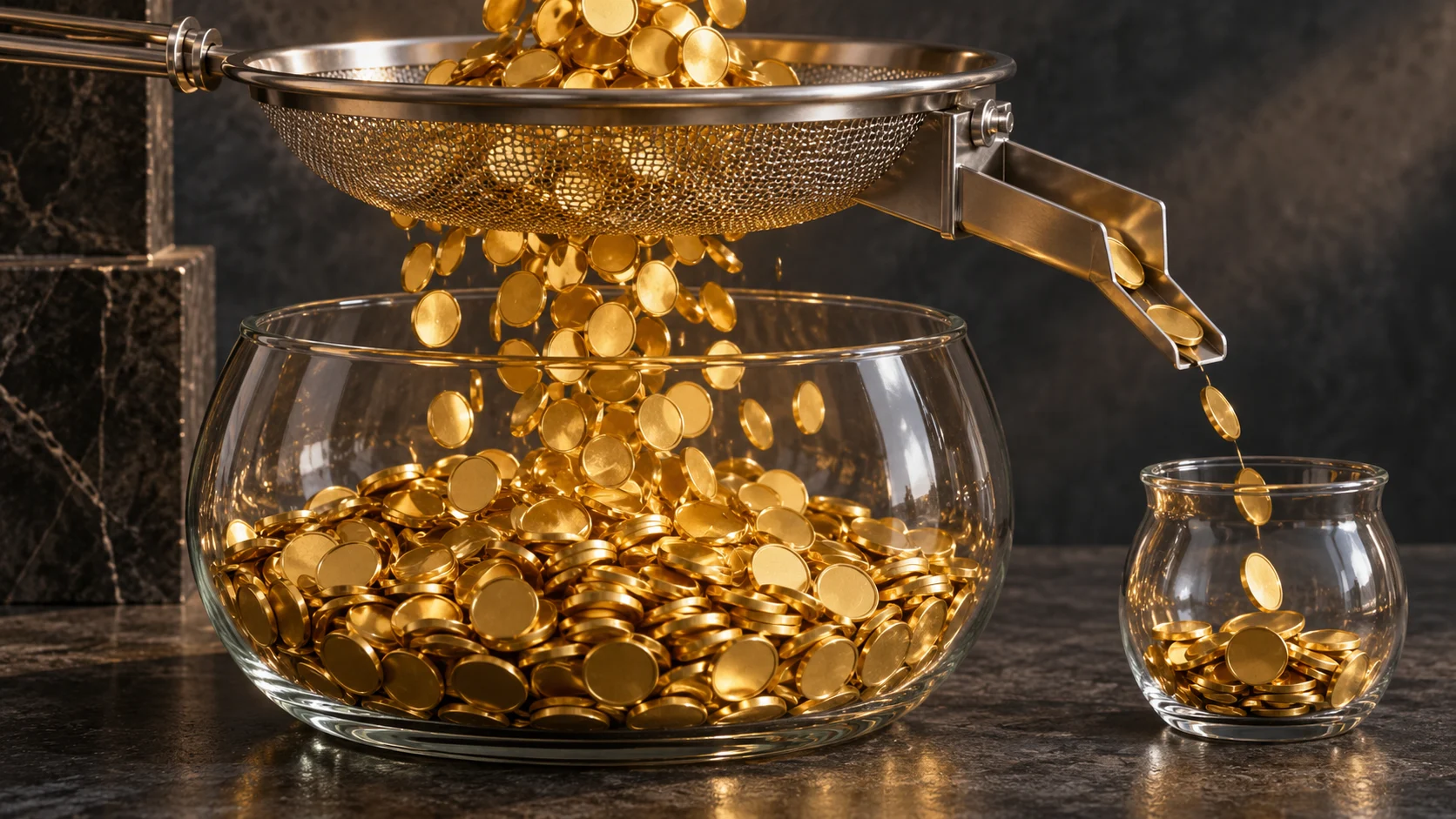 Gold discs flow into a large glass vessel while a small side channel diverts part of the stream, illustrating ongoing fund expenses.