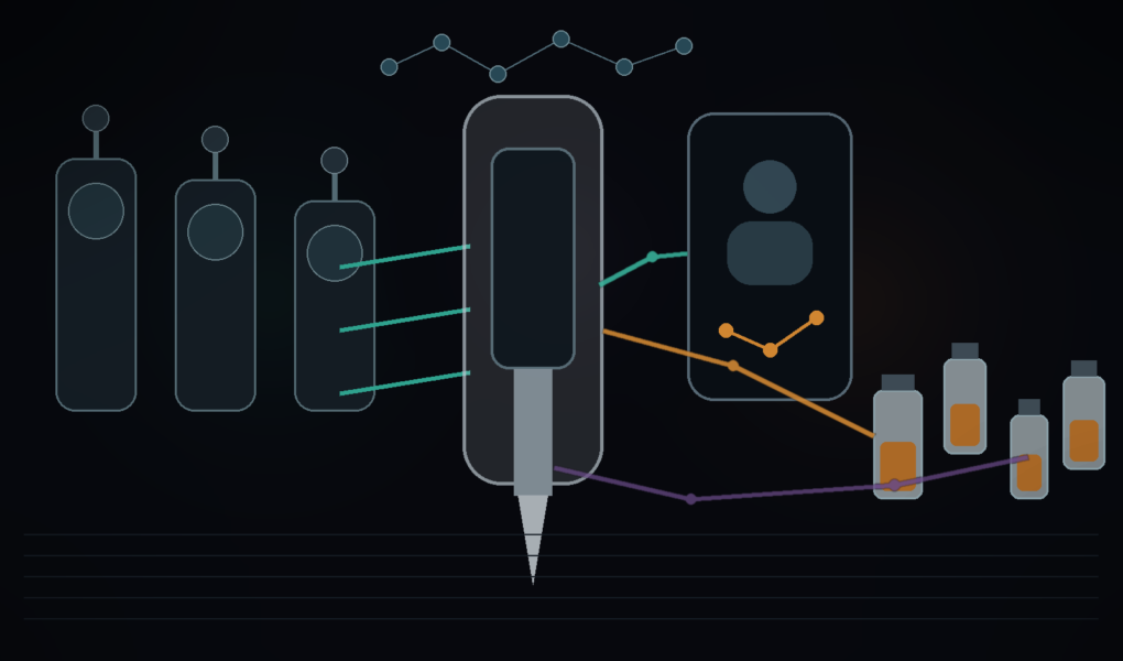 Textfreies Editorial-Motiv aus sterilem GLP-1-Pen, Telemedizin-Netzwerk und Compounding-Vials als Symbol für den GLP-1-Graumarkt