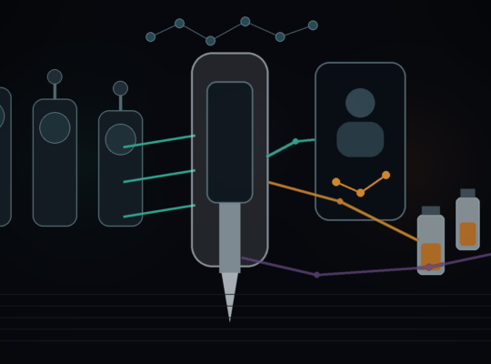 Textfreies Editorial-Motiv aus sterilem GLP-1-Pen, Telemedizin-Netzwerk und Compounding-Vials als Symbol für den GLP-1-Graumarkt