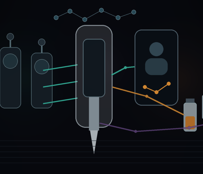 Textfreies Editorial-Motiv aus sterilem GLP-1-Pen, Telemedizin-Netzwerk und Compounding-Vials als Symbol für den GLP-1-Graumarkt