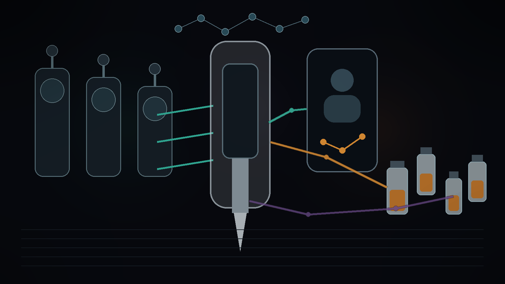 Textfreies Editorial-Motiv aus sterilem GLP-1-Pen, Telemedizin-Netzwerk und Compounding-Vials als Symbol für den GLP-1-Graumarkt