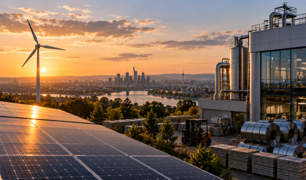 Textfreies Editorial-Motiv moderner Infrastruktur mit Energieanlagen, Großprojektlogistik und urbanem Entwicklungsumfeld