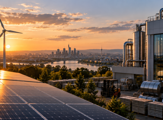 Textfreies Editorial-Motiv moderner Infrastruktur mit Energieanlagen, Großprojektlogistik und urbanem Entwicklungsumfeld