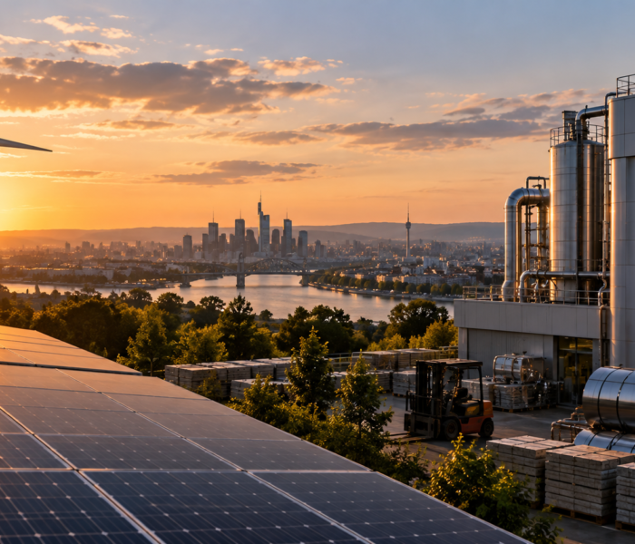Textfreies Editorial-Motiv moderner Infrastruktur mit Energieanlagen, Großprojektlogistik und urbanem Entwicklungsumfeld