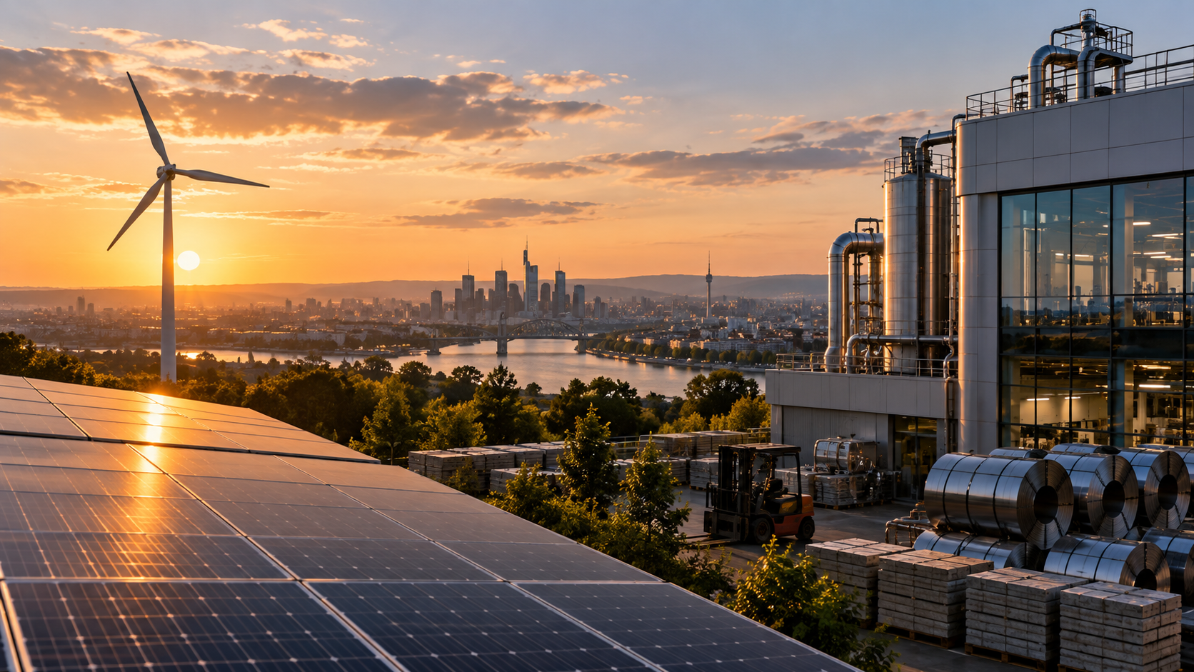 Textfreies Editorial-Motiv moderner Infrastruktur mit Energieanlagen, Großprojektlogistik und urbanem Entwicklungsumfeld