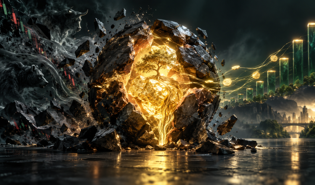 Text-free editorial illustration of a glowing core revealed beneath a dark outer shell, representing intrinsic value beneath market price