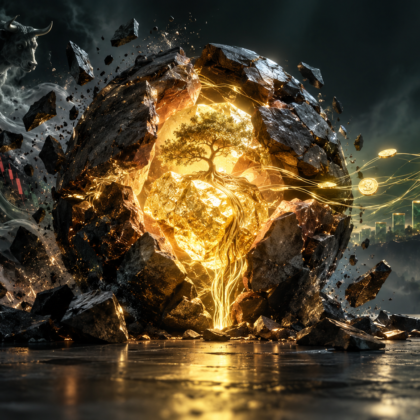 Text-free editorial illustration of a glowing core revealed beneath a dark outer shell, representing intrinsic value beneath market price