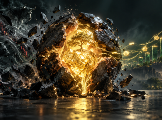 Text-free editorial illustration of a glowing core revealed beneath a dark outer shell, representing intrinsic value beneath market price