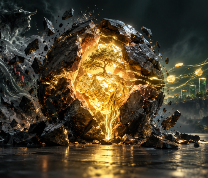 Text-free editorial illustration of a glowing core revealed beneath a dark outer shell, representing intrinsic value beneath market price