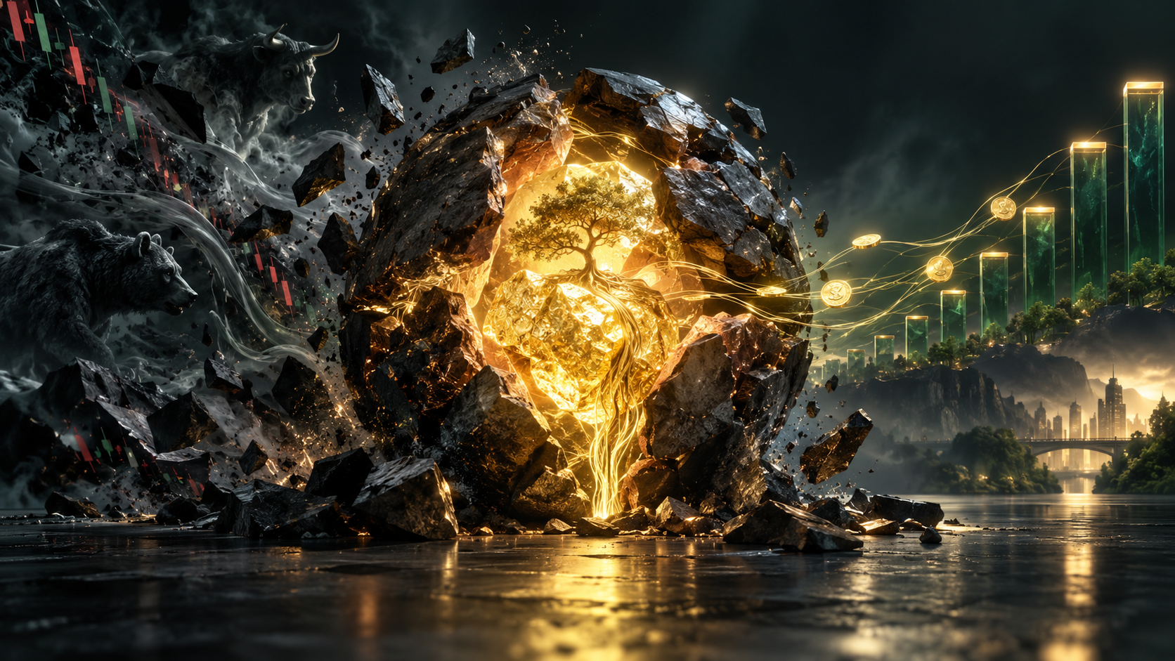 Text-free editorial illustration of a glowing core revealed beneath a dark outer shell, representing intrinsic value beneath market price