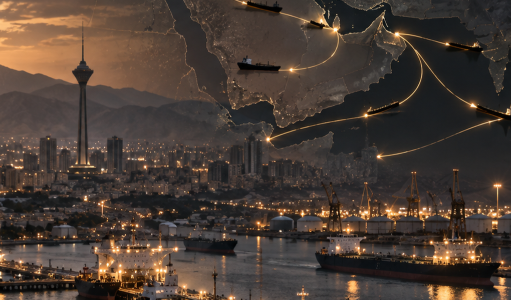 Textfreies Editorial-Motiv aus Ölhafen, Tankern, Stadt und Handelsrouten als Symbol für Irans Kriegswirtschaft, Energieexporte und Devisendruck
