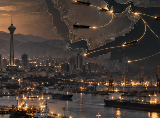 Textfreies Editorial-Motiv aus Ölhafen, Tankern, Stadt und Handelsrouten als Symbol für Irans Kriegswirtschaft, Energieexporte und Devisendruck