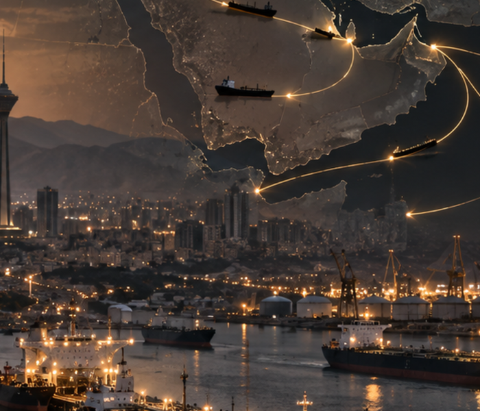 Textfreies Editorial-Motiv aus Ölhafen, Tankern, Stadt und Handelsrouten als Symbol für Irans Kriegswirtschaft, Energieexporte und Devisendruck