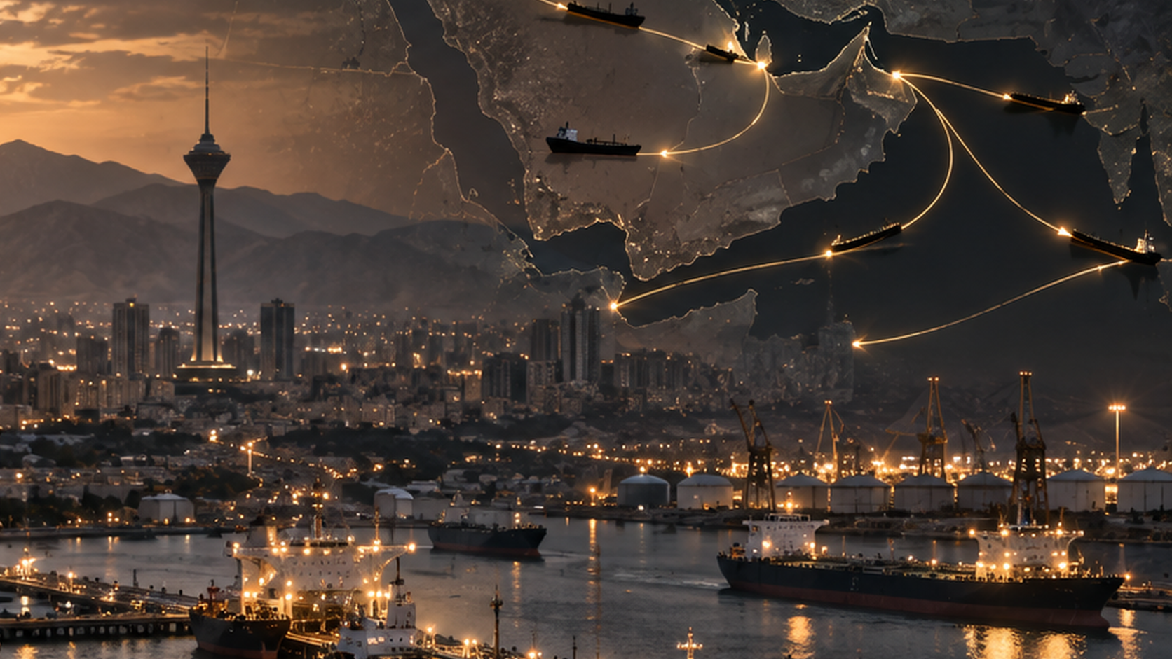 Textfreies Editorial-Motiv aus Ölhafen, Tankern, Stadt und Handelsrouten als Symbol für Irans Kriegswirtschaft, Energieexporte und Devisendruck