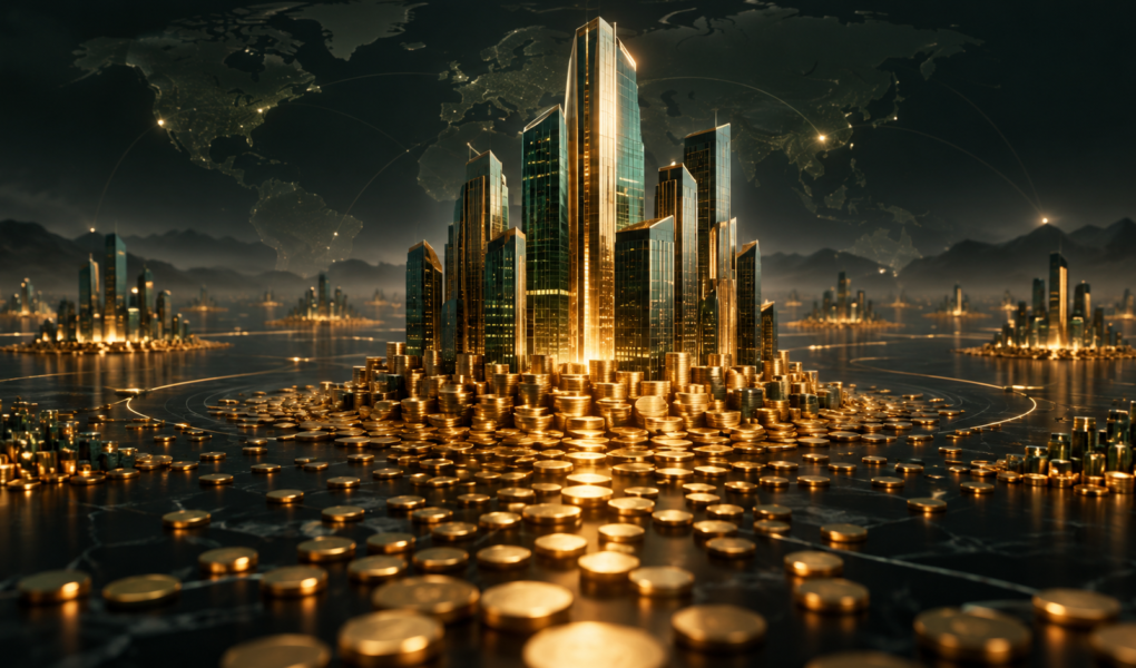 Text-free editorial illustration of a global financial city built from many individual units, representing market capitalization and company size