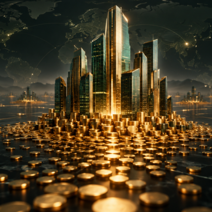 Text-free editorial illustration of a global financial city built from many individual units, representing market capitalization and company size
