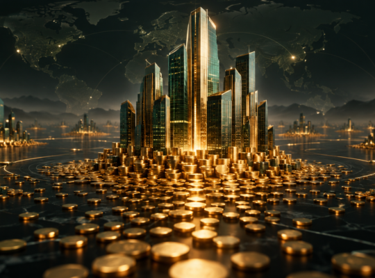 Text-free editorial illustration of a global financial city built from many individual units, representing market capitalization and company size