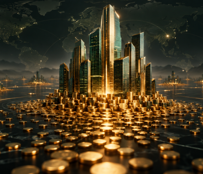 Text-free editorial illustration of a global financial city built from many individual units, representing market capitalization and company size