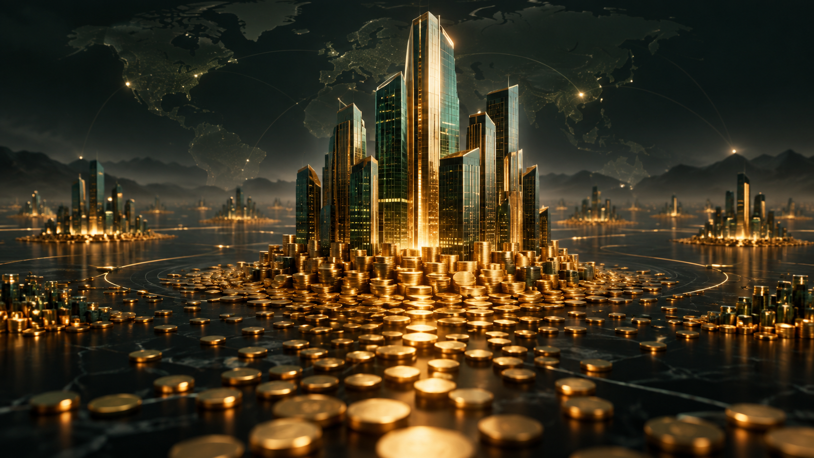 Text-free editorial illustration of a global financial city built from many individual units, representing market capitalization and company size